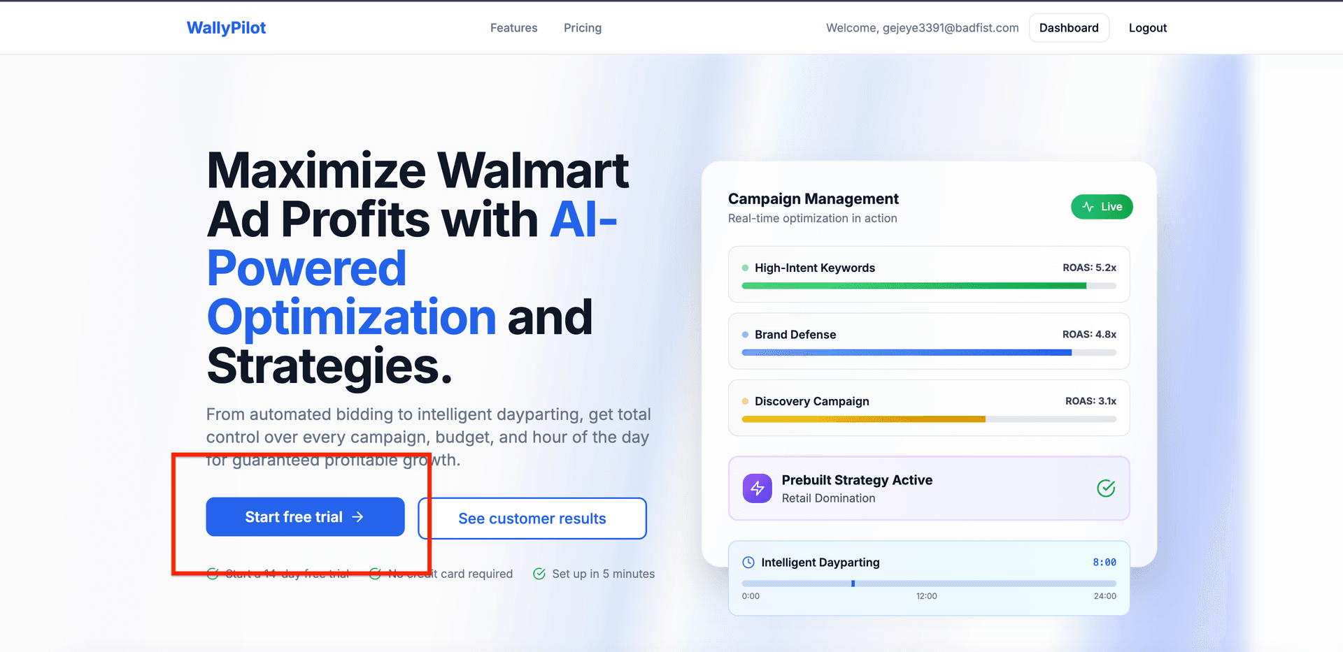 WallyPilot homepage with Start free trial button highlighted