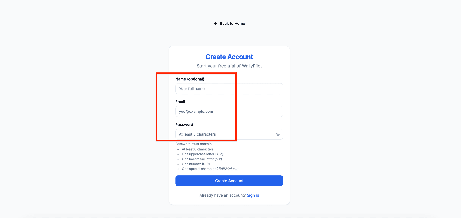 Signup form showing email and password fields