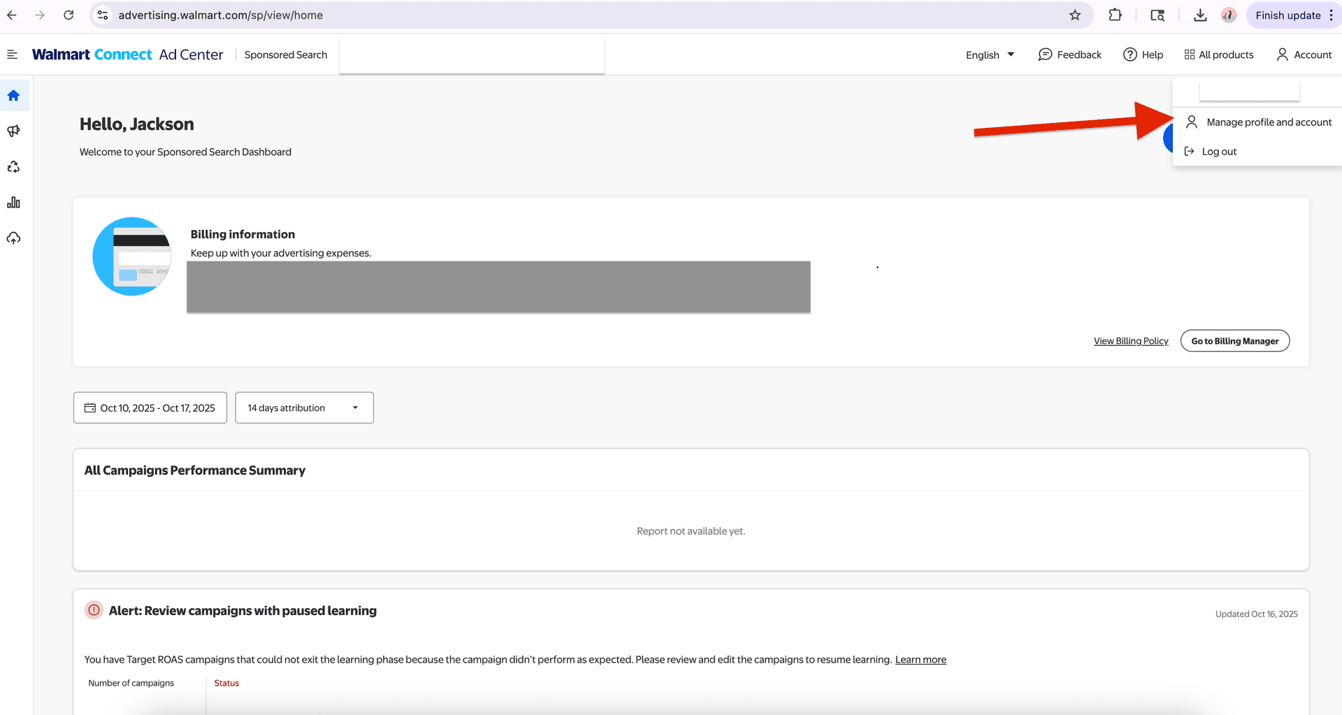 Walmart Advertising Center profile menu dropdown
