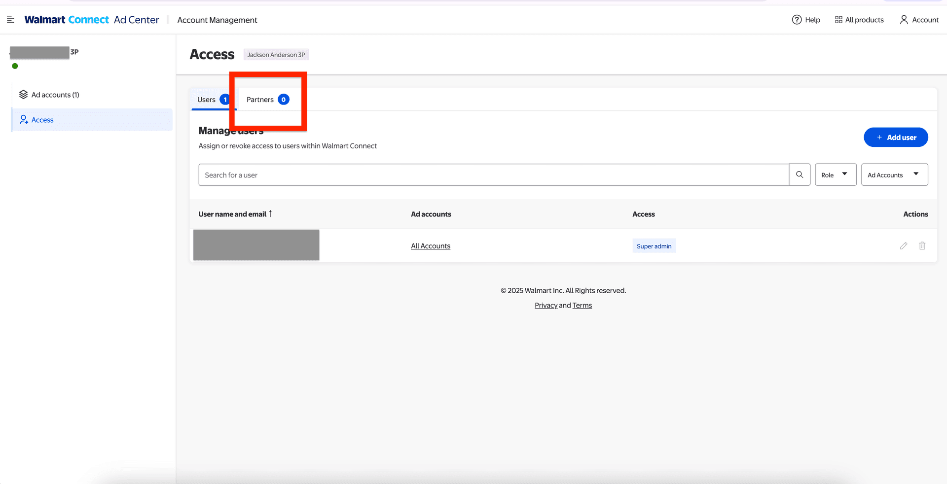 Partner section in Walmart Advertising Center profile settings