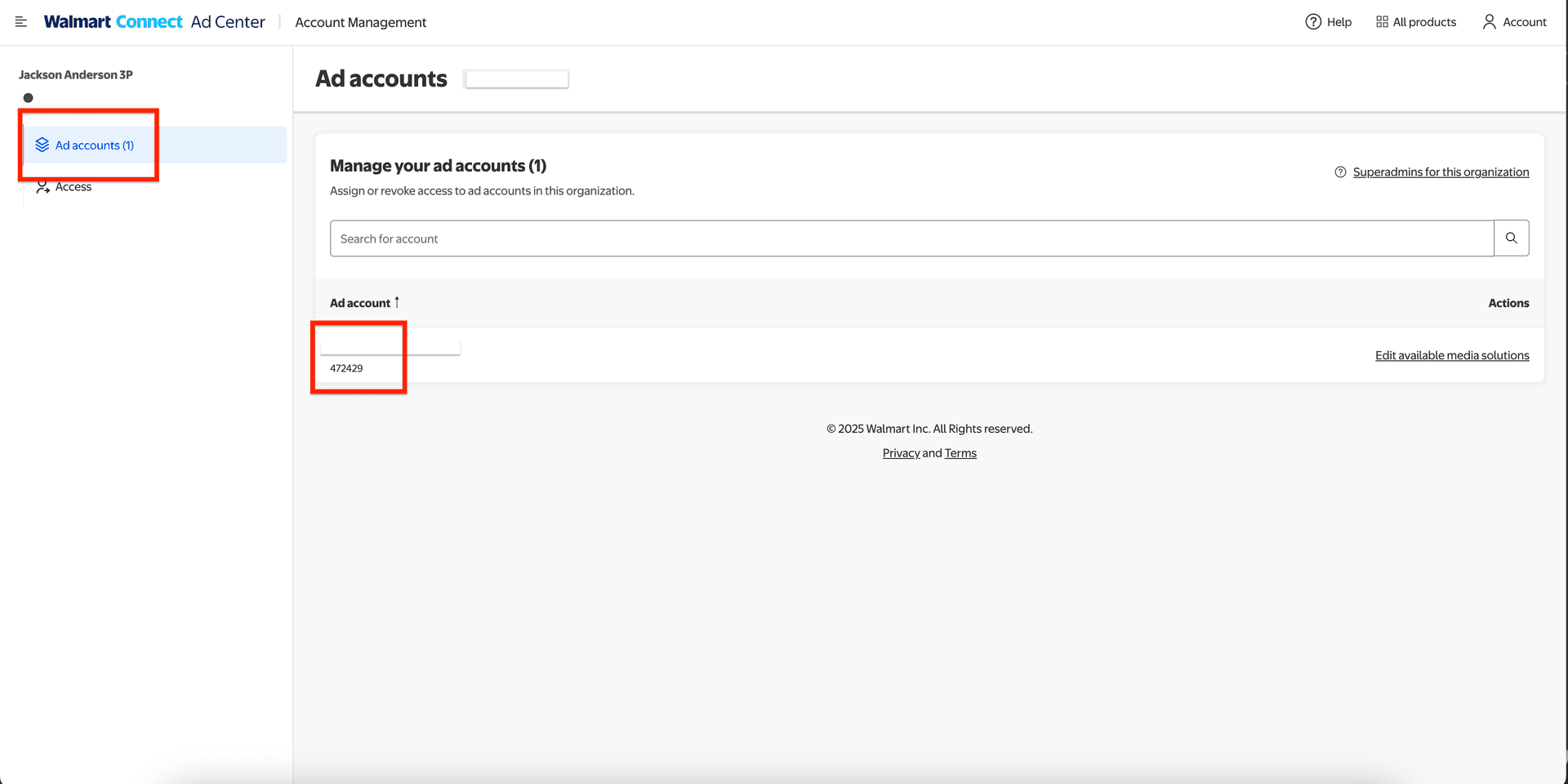 Walmart Ads account showing where to find your Account ID