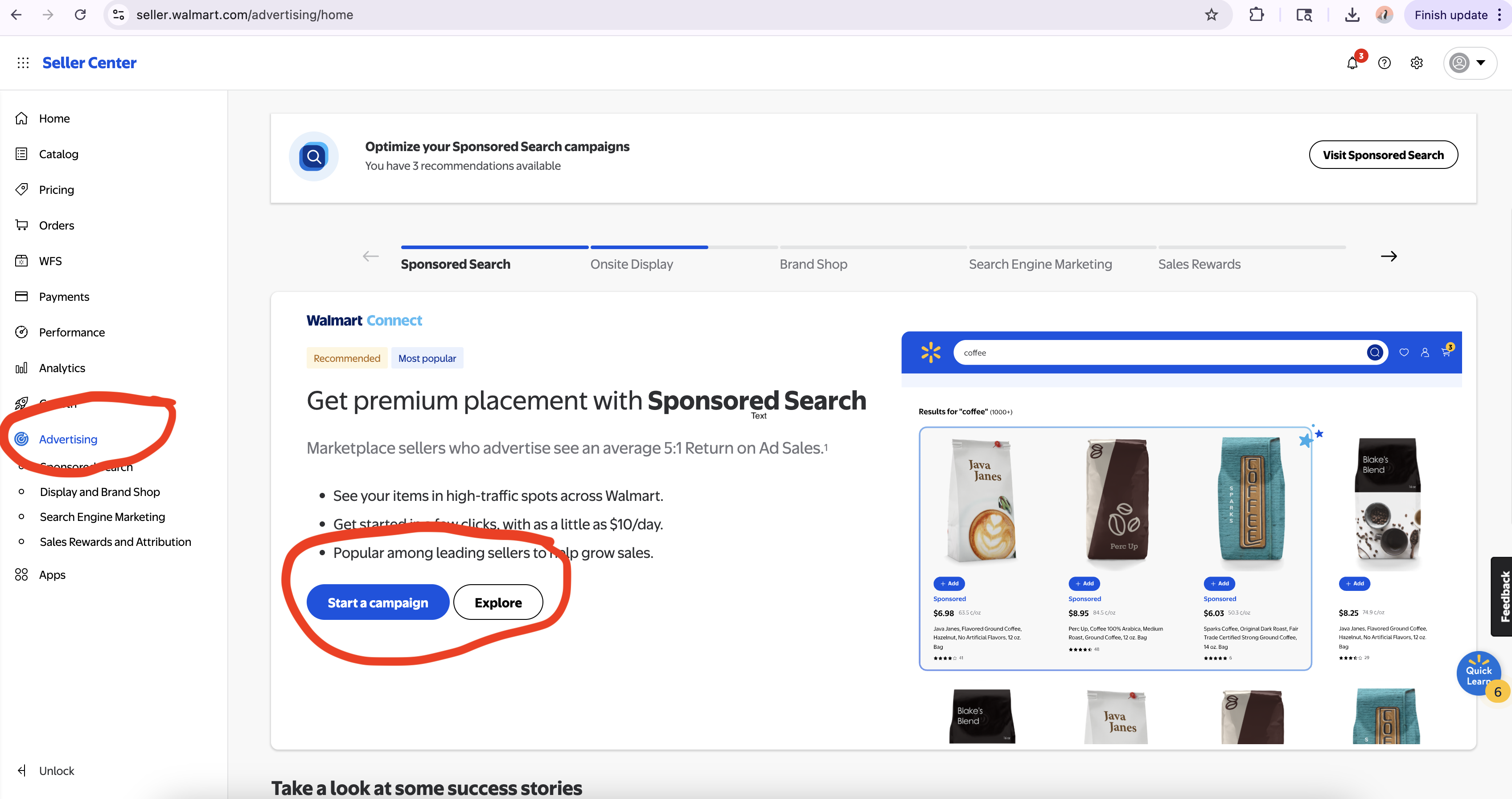 Walmart Advertising Center Home Page showing the main interface