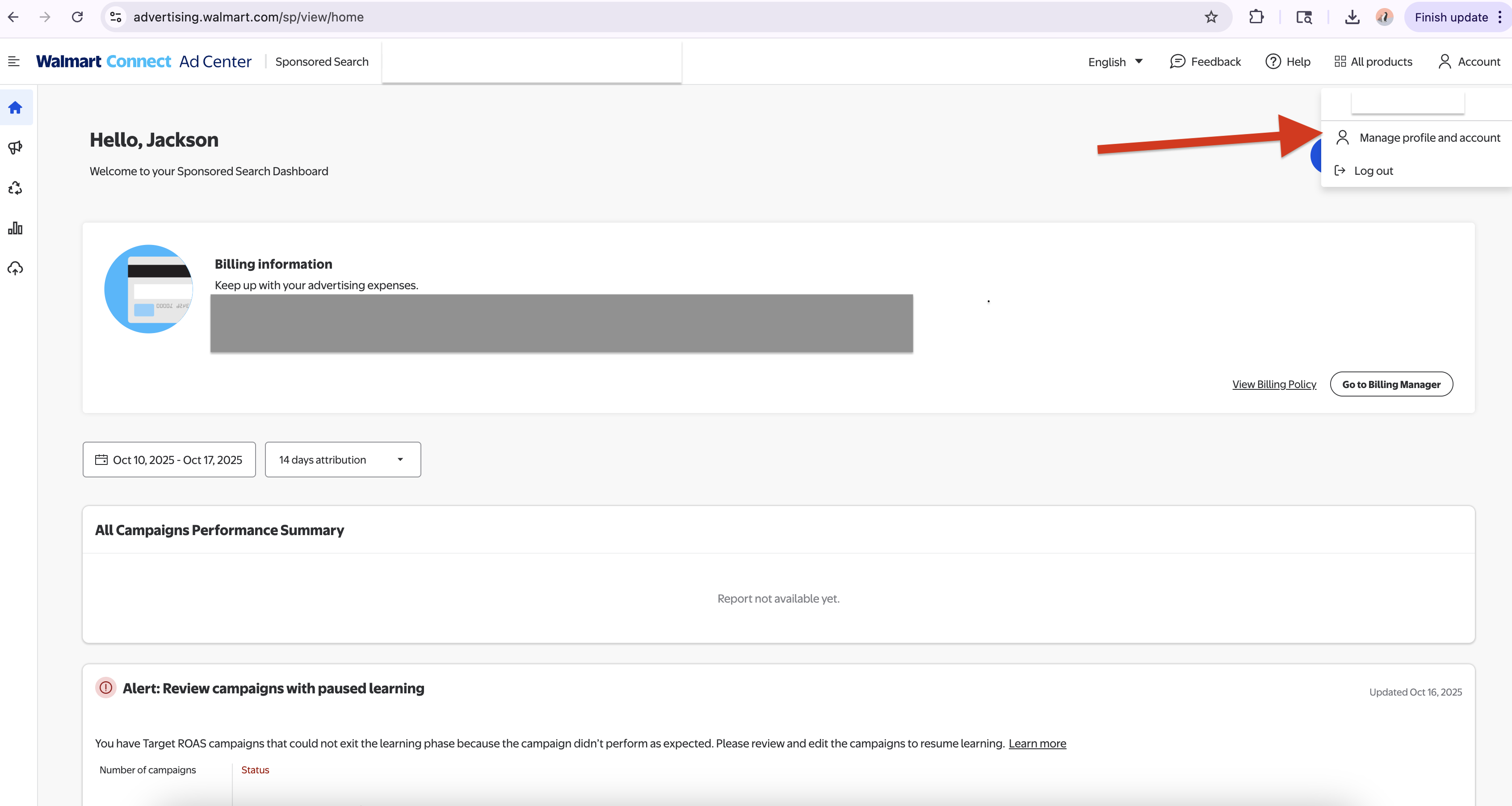 Walmart Advertising Center profile menu dropdown