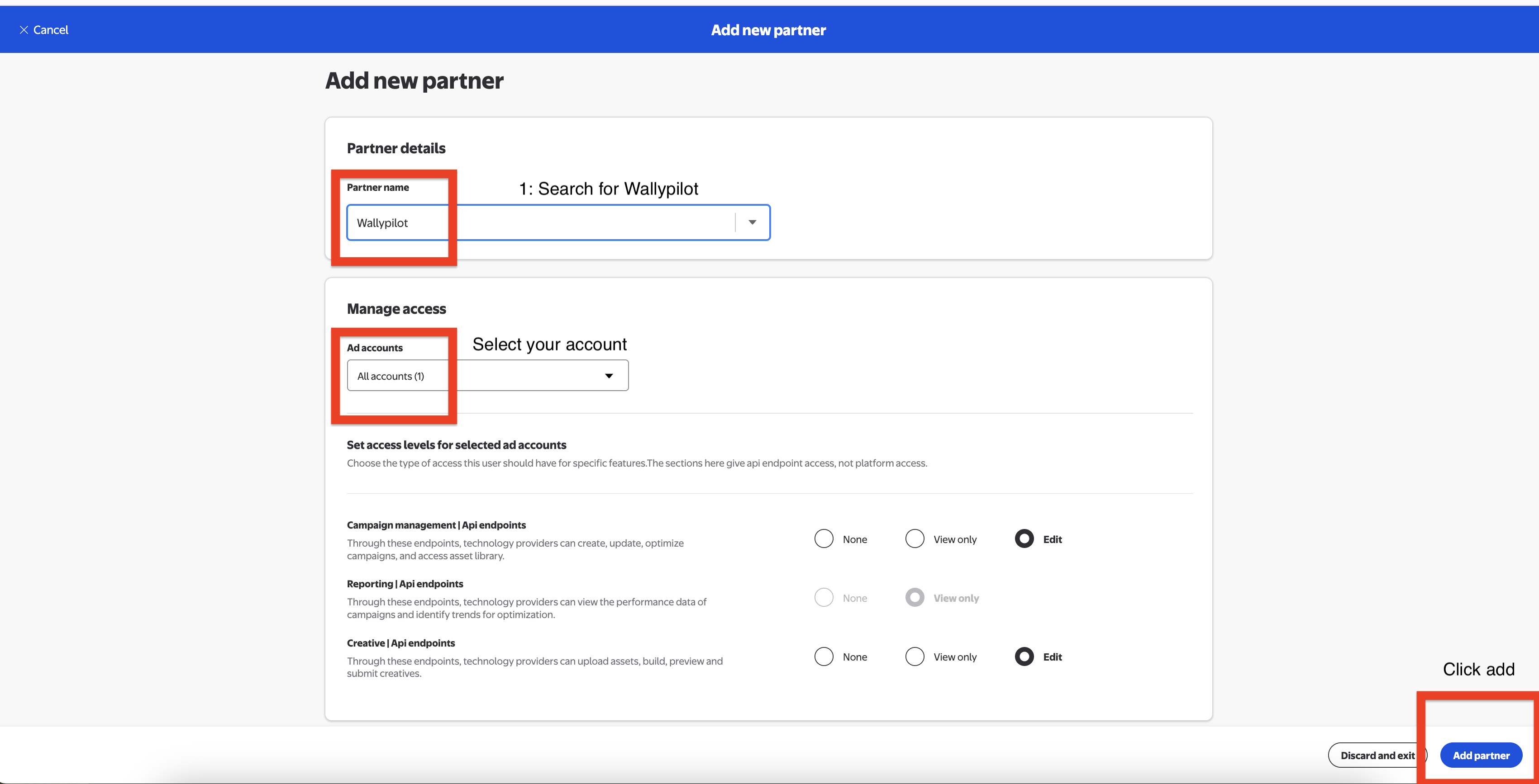 WallyPilot connection confirmation and submit page